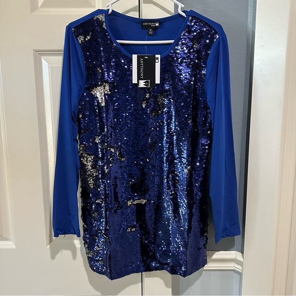 Women’s Size Medium Antthony Original Blue Sequin Blouse - Picture 1 of 7